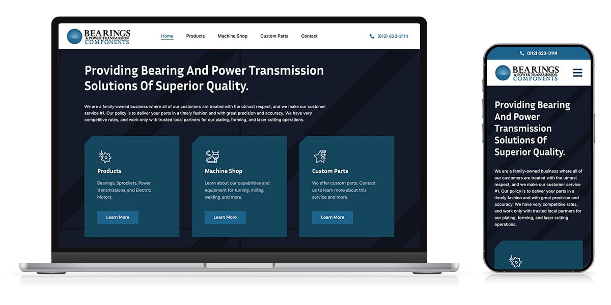 Bearings power transmission components website homepage laptop and mobile view.