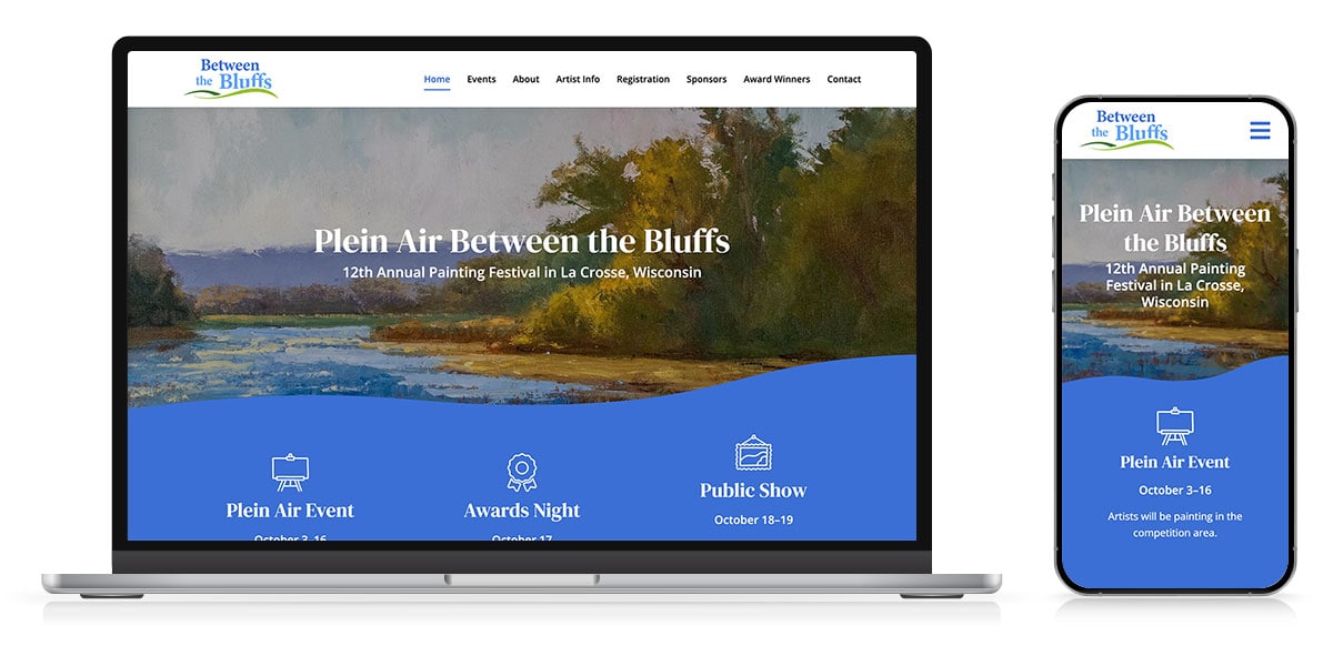 Vibrant landscape painting displayed on a laptop and smartphone for the Plein Air Between the Bluffs event.