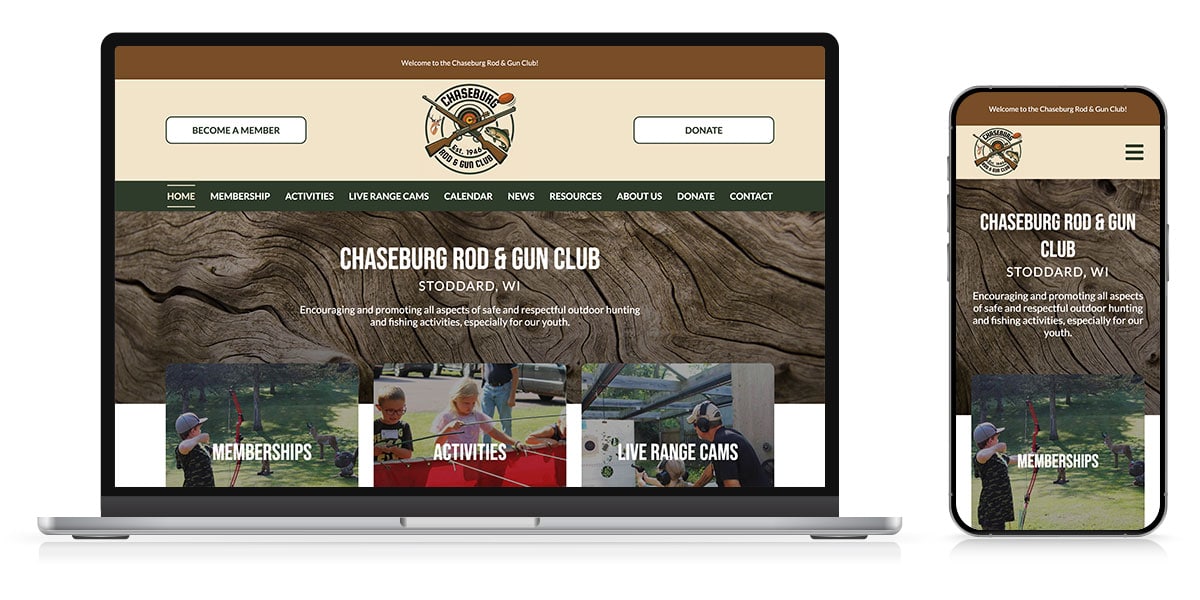 Chaseburg Rod & Gun Club website with outdoor hunting and fishing activities.