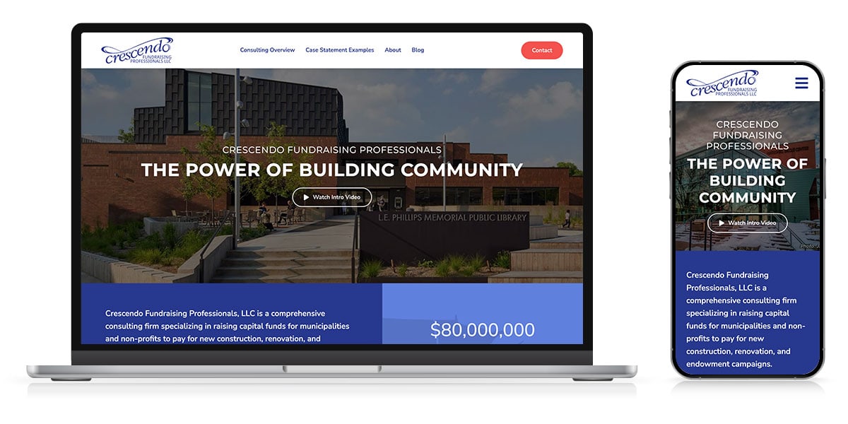 Fundraising consulting firm website showcasing community building and capital campaign expertise.
