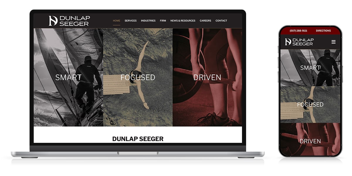 Dynamic website design for Dunlap Seeger showcasing innovative, responsive layouts on laptop and mobile devices.