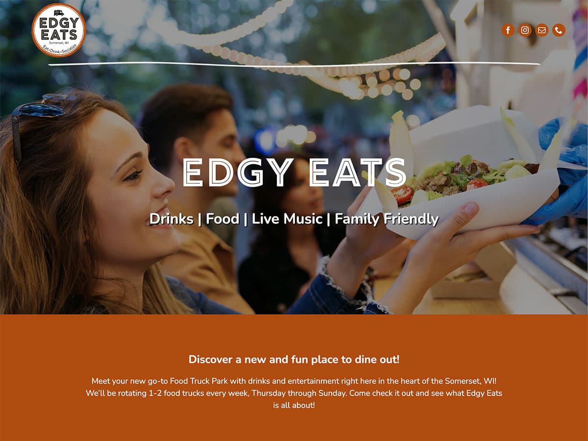 Edgy eats food truck park, live music, family-friendly dining, Somerset WI, outdoor food and drinks.