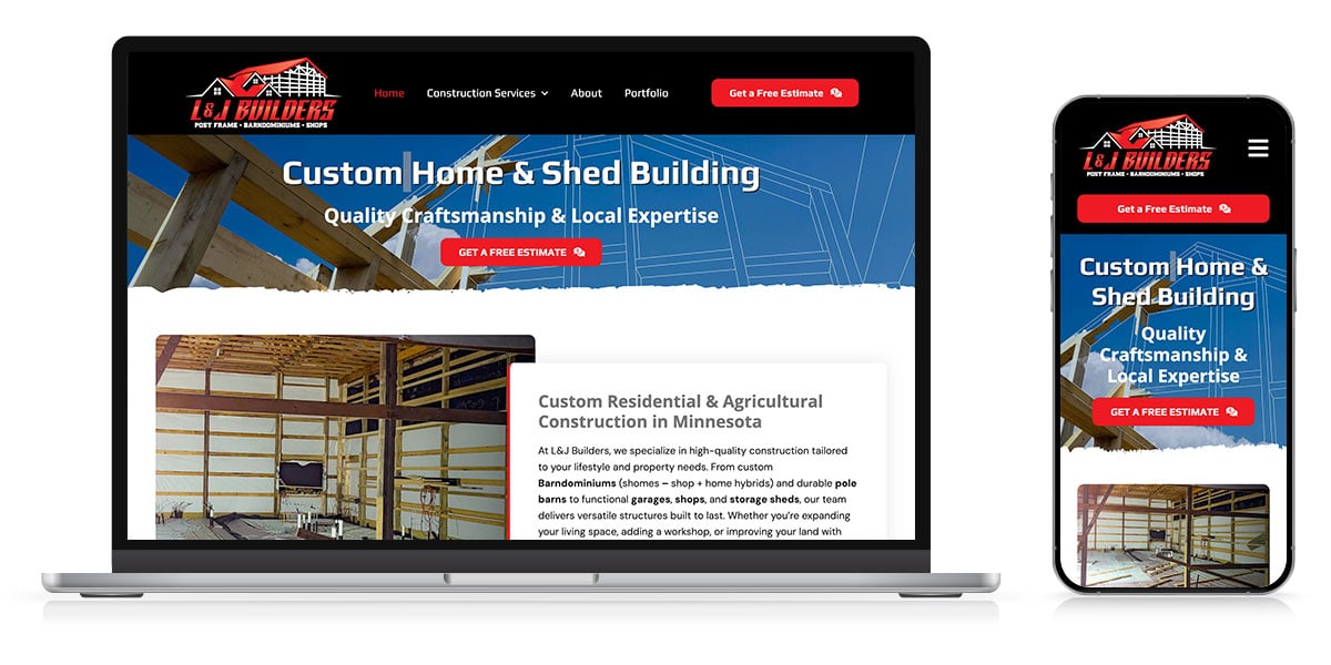 Custom home and shed building by Vision Design Group, showcasing craftsmanship on computers and smartphones.