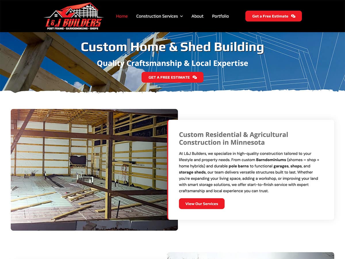 Custom home and shed building by L&J Builders in Minnesota, specializing in high-quality construction and storage structures.